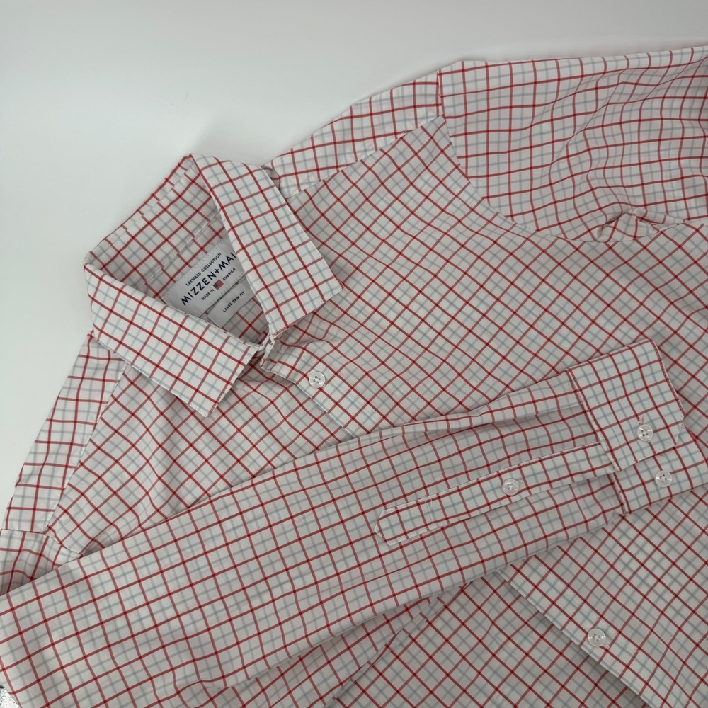 Mizzen+Main Leeward Trim Fit Dress Shirt Large Red Blue Tattersall Check Stretch